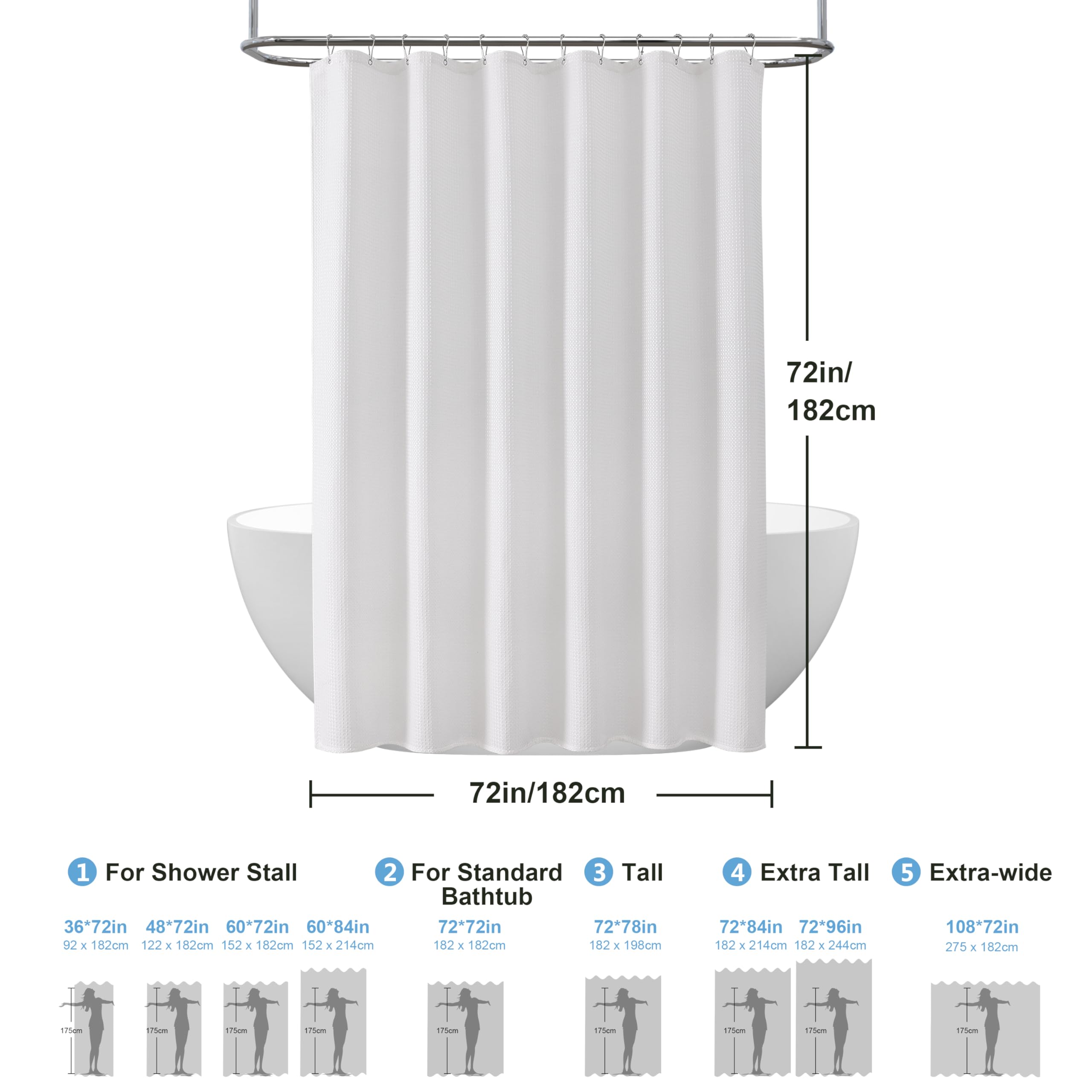 Waffle Weave Shower Curtain with Stainless Steel Hooks - 256 GSM Heavy Duty Fabric Bath Curtains, Hotel Luxury Quality, Water Resistant, Machine Washable, Weighted Hem, 72 x 72 Inches (White)