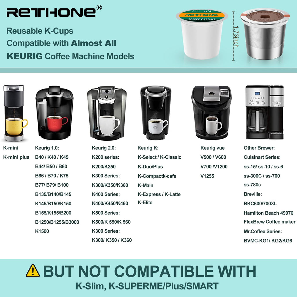 RETHONE K Cup Reusable Coffee Pods, Universal Stainless Steel Reusable K Cups Compatible with Keurig 1.0 & 2.0 Coffee Machines Brewers Refillable K Cups