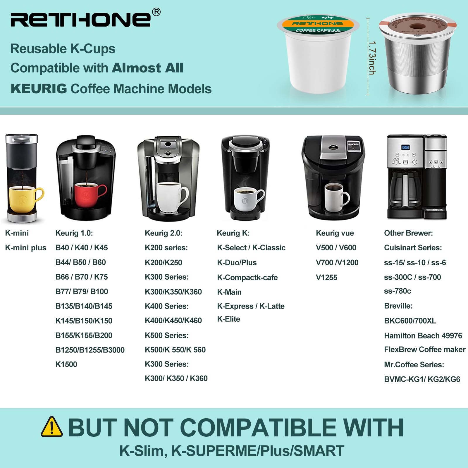 RETHONE K Cup Reusable Coffee Pods, Universal Stainless Steel Reusable K Cups Compatible with Keurig 1.0 & 2.0 Coffee Machines Brewers Refillable K Cups