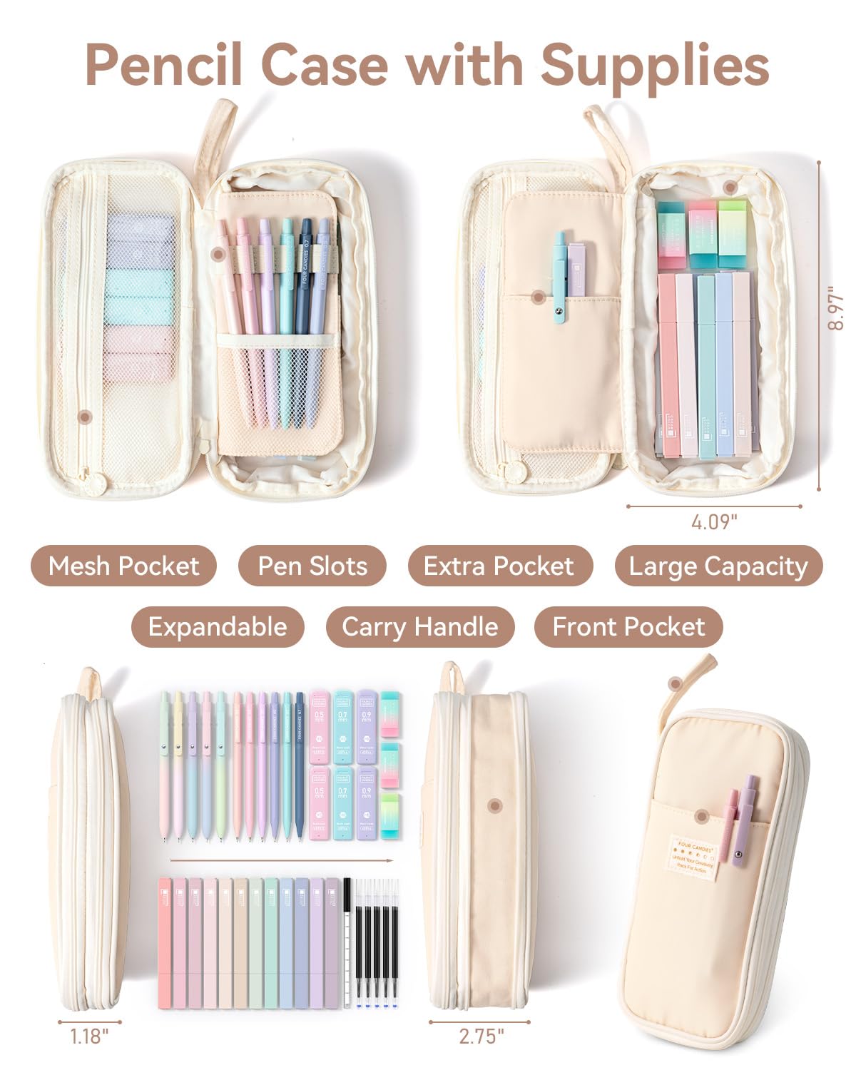 Four Candies 39 PCS Cute Stationery Set with Pencil Case, School Supplies with 5 Gel Pens & 6 Mechanical Pencils & 12 Highlighters, Essentials for College Students & Teen Girls/Boys (Cream)