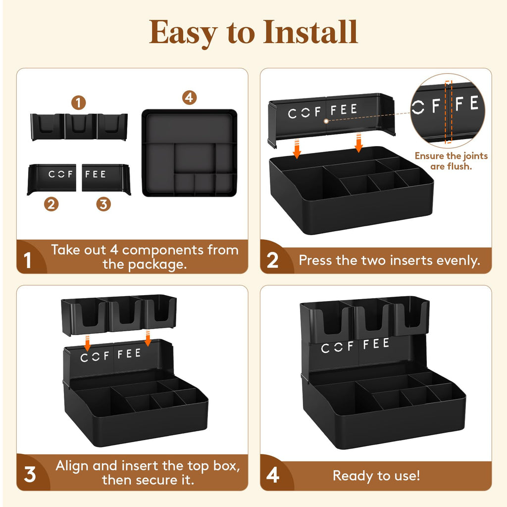 Lifewit Modern Black Coffee Bar Organizer, 10 Compartments, Countertop Coffee Station, Office Breakroom, Home Kitchen