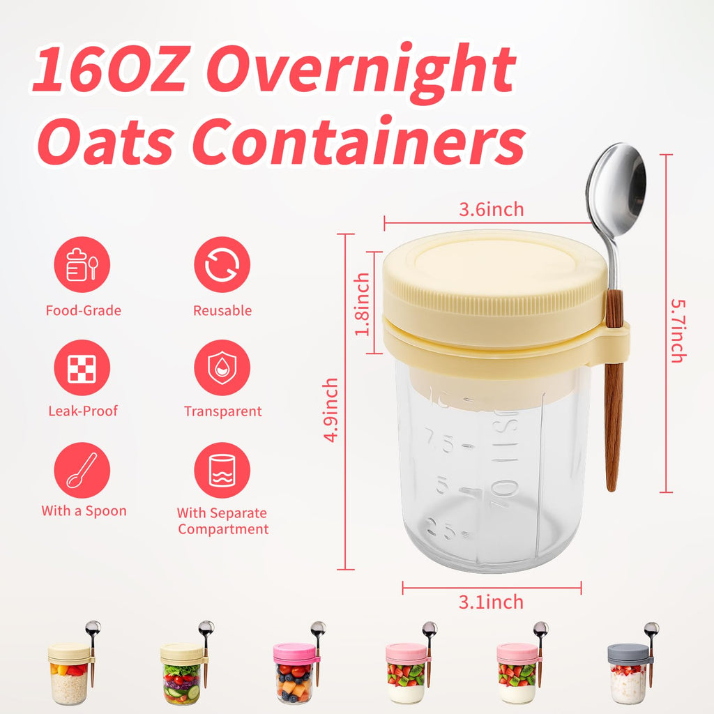 6 Packs Overnight Oats Containers with Lids, 16 Oz Glass Mason Jars with Spoons and Removable Separate Compartments Large Airtight Overnight Oats Jars for Milk Yogurt Fruit