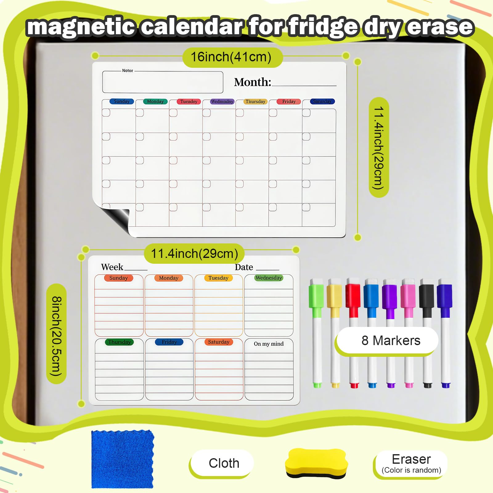 Dry Erase Magnetic Calendar Refrigerator - 2PCS Set A3 A4 Size Planner, No Ghosting, Strong Magnet, Easy Clean, Whiteboard Calendar with Eraser Cloth, Planner for Office Home Refrigerator Iron Door