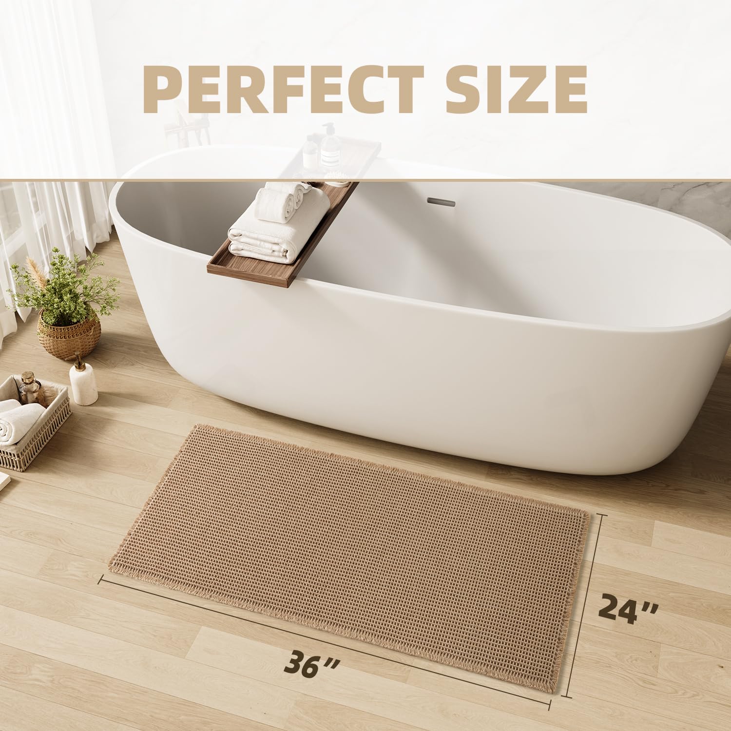 Upgraded Waffle Bath Mat Non Slip Super Absorbent Quick Dry Bath Mats for Bathroom Floor Machine Washable Bathroom Mat Ultra Soft Boho Bathroom Rugs with Tassels Beside Tub, 24" x 36", Brown