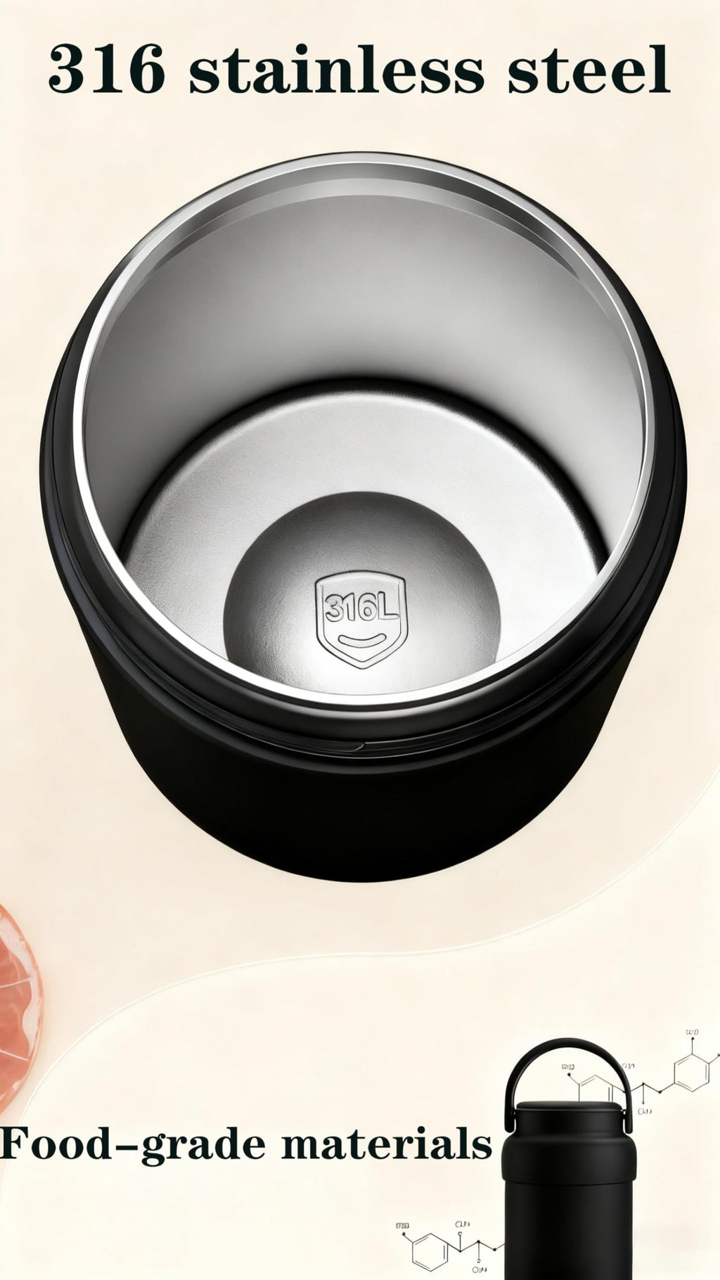 Insulated Food Jar (Black), 600ml 316 Stainless Steel Thermal Flask for Hot & Cold Meals, Double Wall Vacuum Insulated, Leak-Proof Vacuum Food Container with Folding Spoon & Fork
