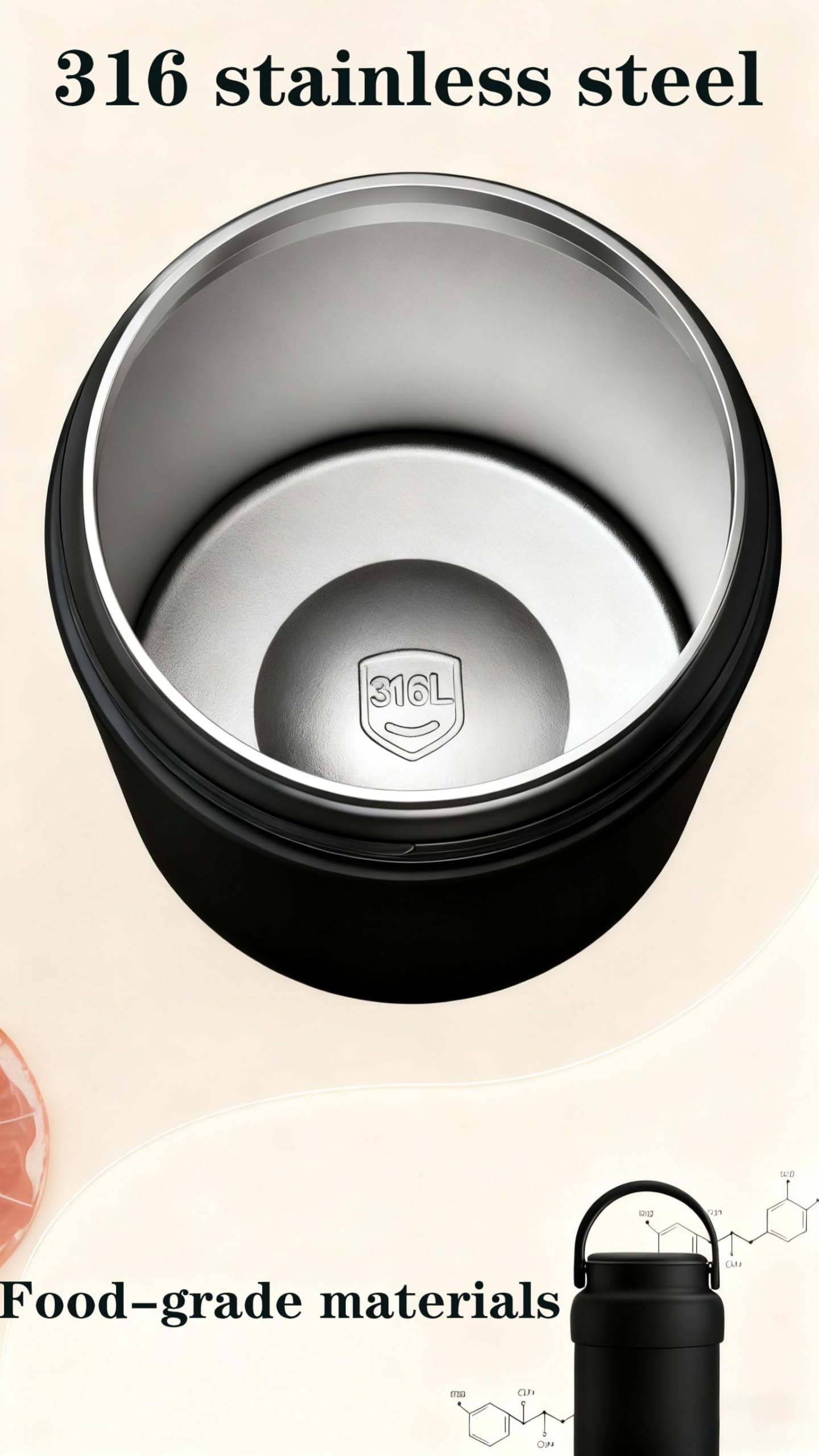 Insulated Food Jar (Black), 600ml 316 Stainless Steel Thermal Flask for Hot & Cold Meals, Double Wall Vacuum Insulated, Leak-Proof Vacuum Food Container with Folding Spoon & Fork