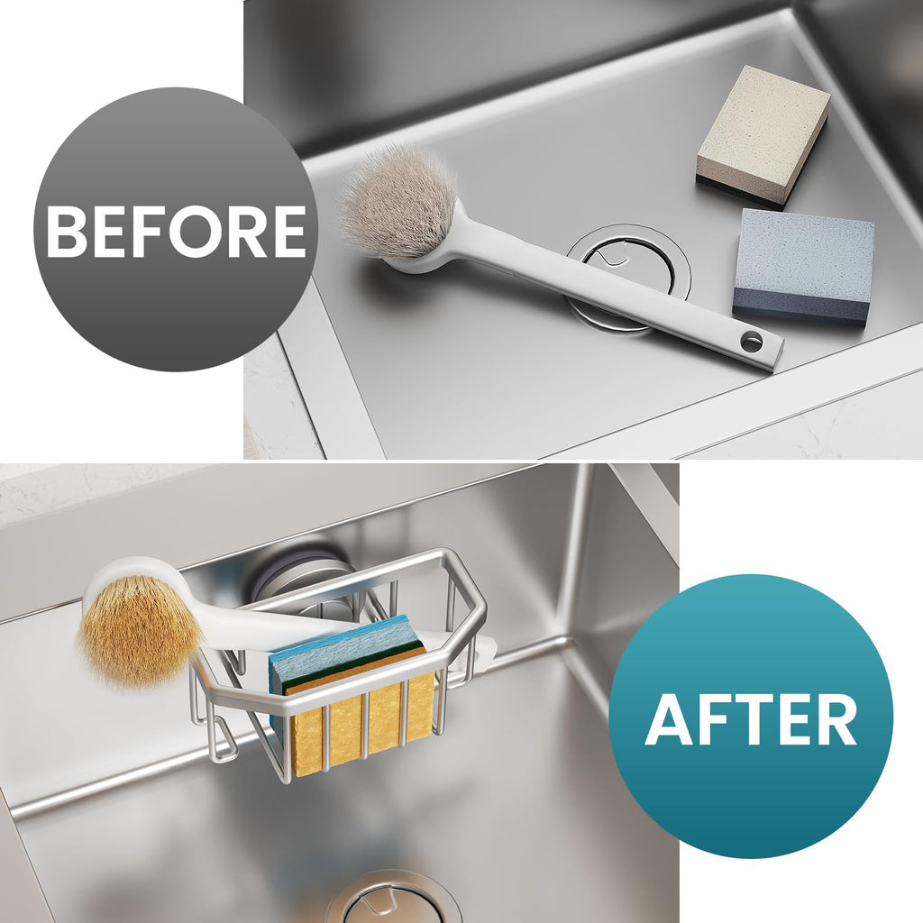 TAILI Sponge Holder with Strong Suction Cup, Dish Sponge Caddy Inside Sink Removable, Rustproof Aluminum for Brushes, Stoppers and Scrapers - Silver