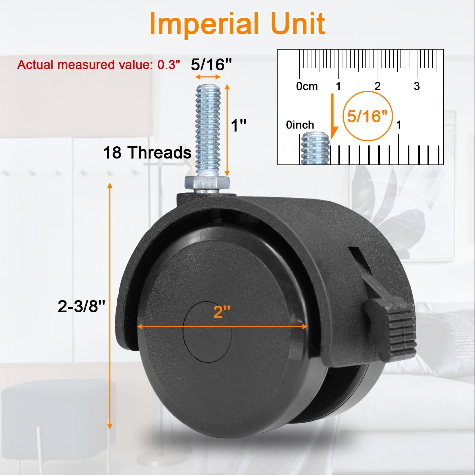 AAGUT 2 Inch Swivel Stem Castor Caster Wheels with Locking Brakes for Furniture and Shelves,Threaded UNC 5/16"-18x1 (Diameter 5/16", Length 1"), Black Replacement Caster Set of 4