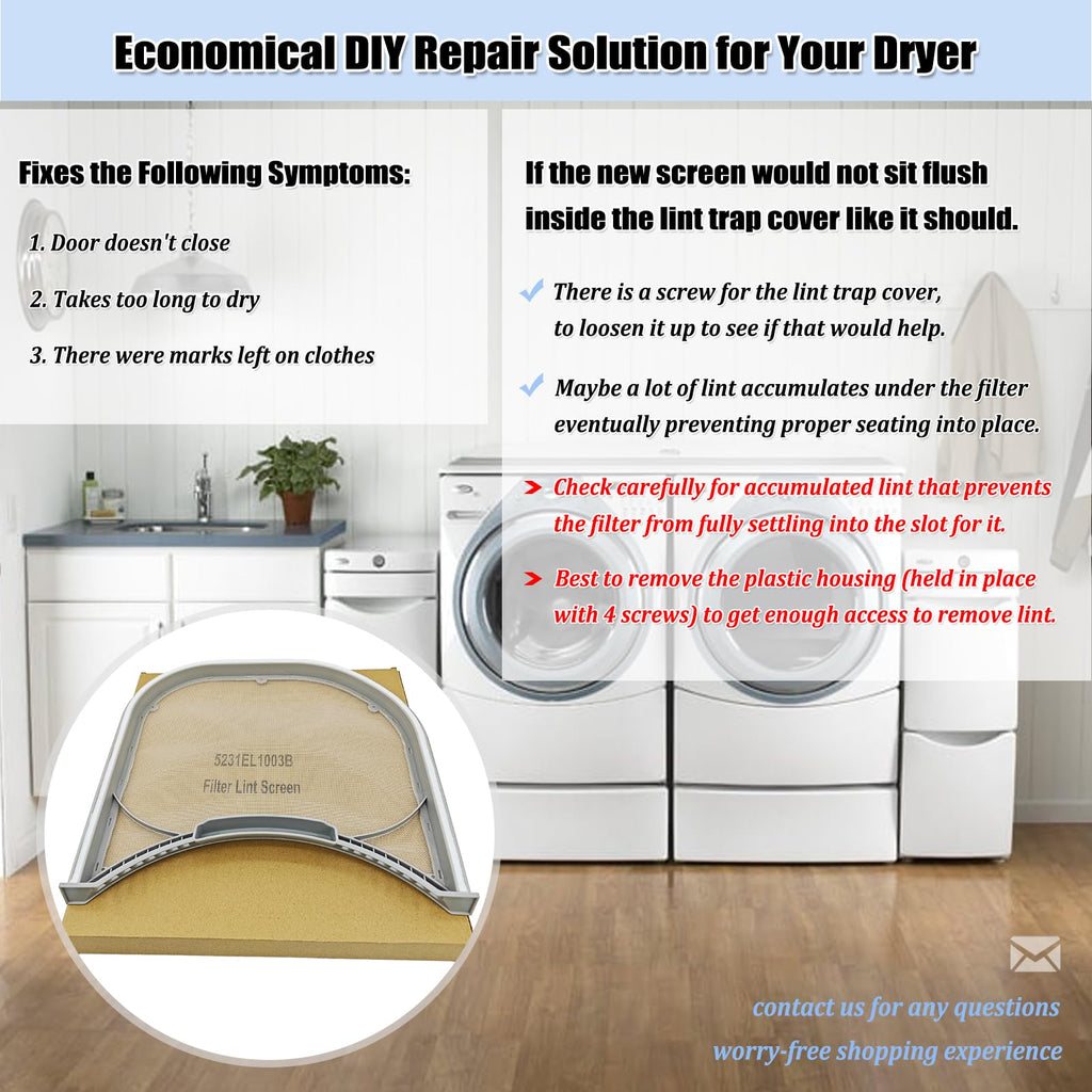 5231EL1003B Dryer Lint Filter with Felt Seal, 5231EL1003E Dryer Lint Screen Trap Filter Replacement Parts 5231EL1002E, 5231EL1003A, AP4440606, PS3527578