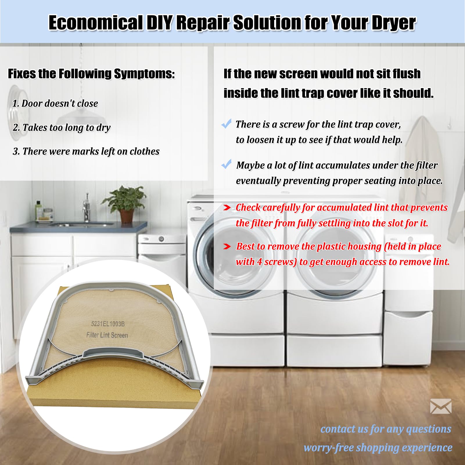 5231EL1003B Dryer Lint Filter with Felt Seal, 5231EL1003E Dryer Lint Screen Trap Filter Replacement Parts 5231EL1002E, 5231EL1003A, AP4440606, PS3527578