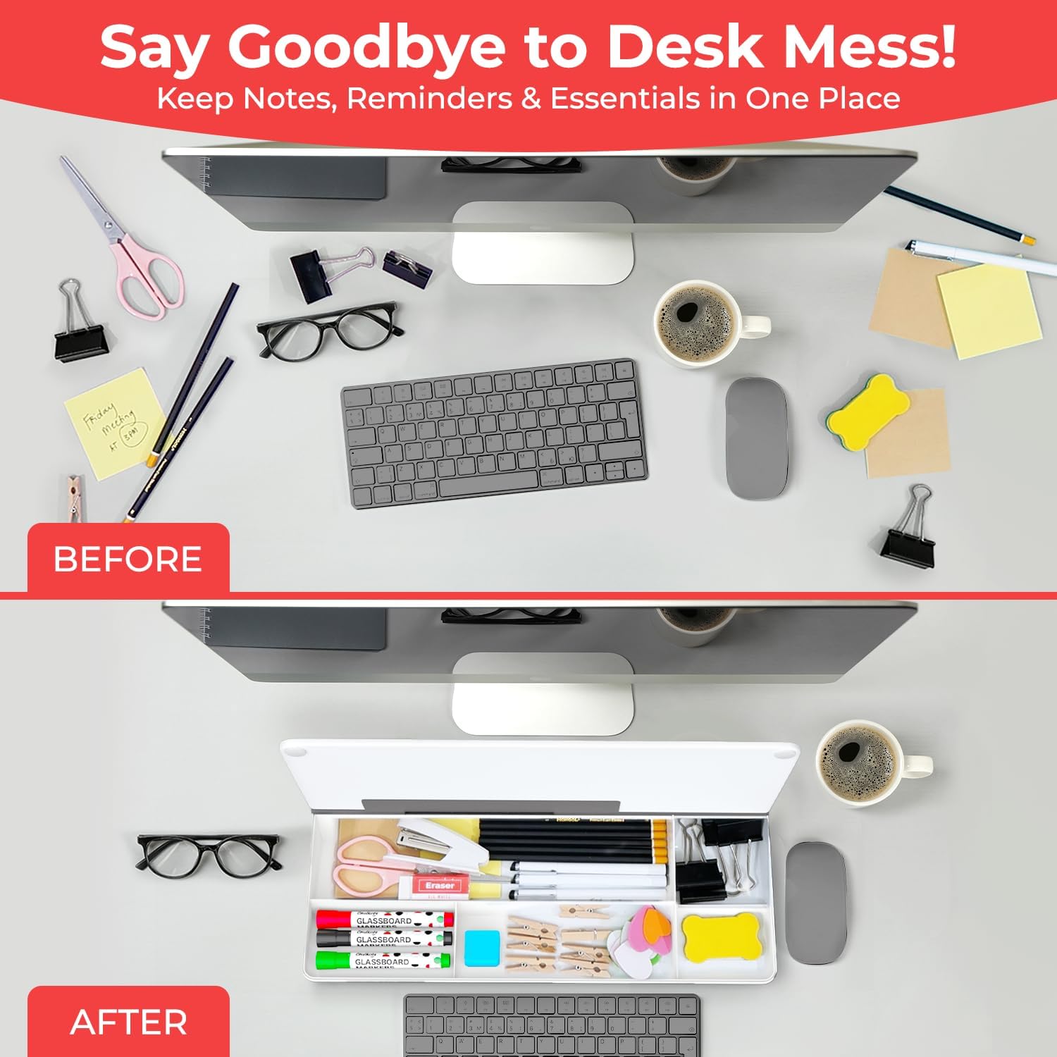 Chalkola Glass Desktop Whiteboard with Storage - Dry Erase Board, Work Desk Organizers, Computer Keyboard Stand, Home Office Desk Accessories, Small White Board, Workspace Desktop Buddy + 3 Markers