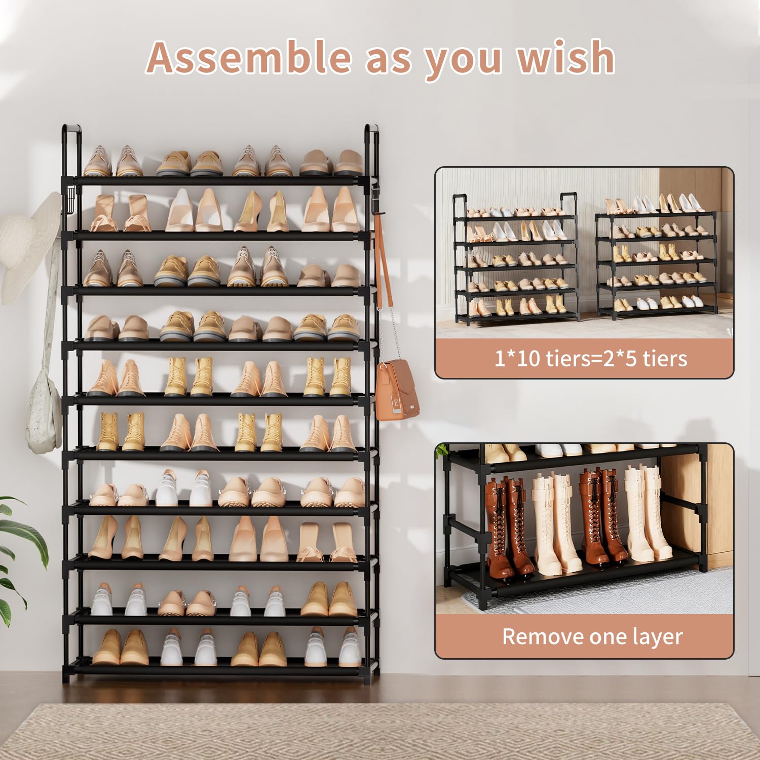 10 Tier Shoe Rack, Large Capacity Tall Shoe Storage Organizer Holds 50-55 Pairs Shoes and Boots, Vertical Shoe Shelf Cabinet with Versatile Hooks for Closet Entryway Garage Bedroom