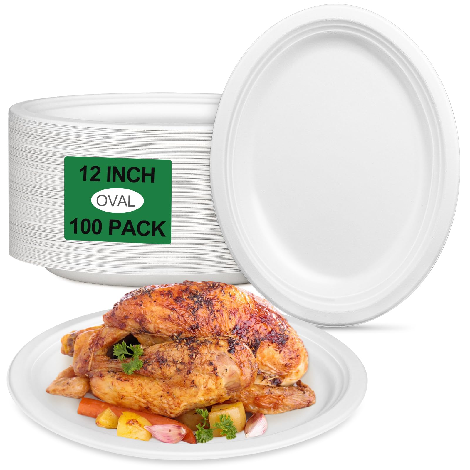 Uniecocus Oval Paper Plates 12 Inch, 100 Pack Large Heavy Duty Paper Plates, Eco Friendly Disposable Compostable Plates, White Dinner Plates Sturdy Strong for Party BBQ Picnic Outdoor