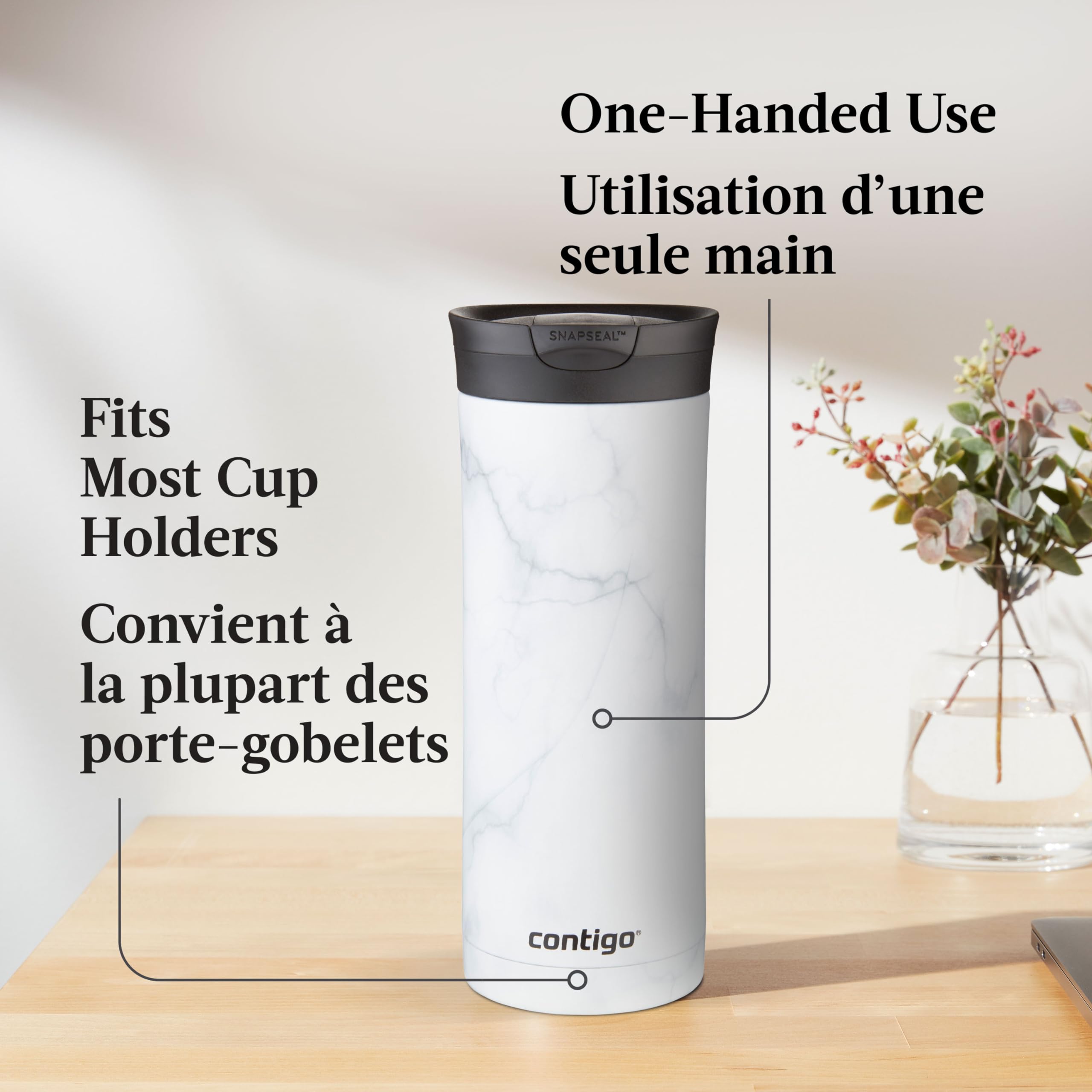 Contigo Huron 2.0 Couture Stainless Steel Travel Tumbler, Vacuum-Insulated Metal Tumbler for Coffee and Tea with Leak-Proof Lid, White Marble, 20 oz (591 mL)