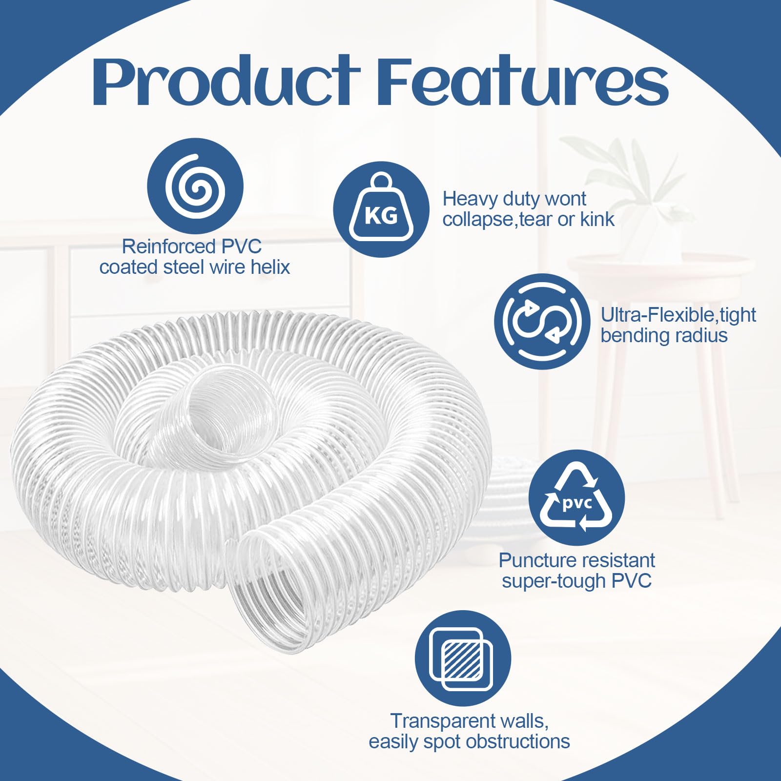 2 1/2" x 5' Flexible PVC Dust Collection Hose, Heavy Duty Fume Collection Hose with Carbon Steel Wire Coil, Vacuum Accessories for Workshop & Home