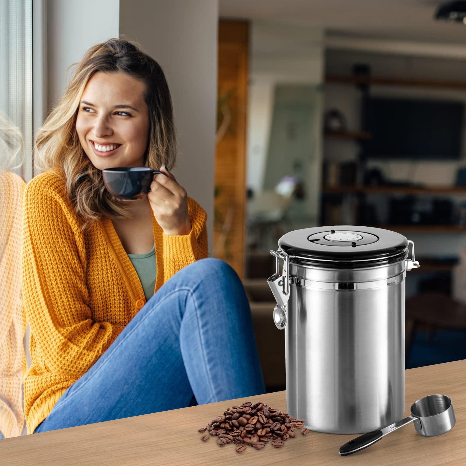 Dyserbuy Airtight Coffee Canister, Stainless Steel Coffee Beans and Grounds Storage Container with Date Tracker, Scoop, CO2 Valves, for Beans, Grounds, Tea, Sugar, Silver