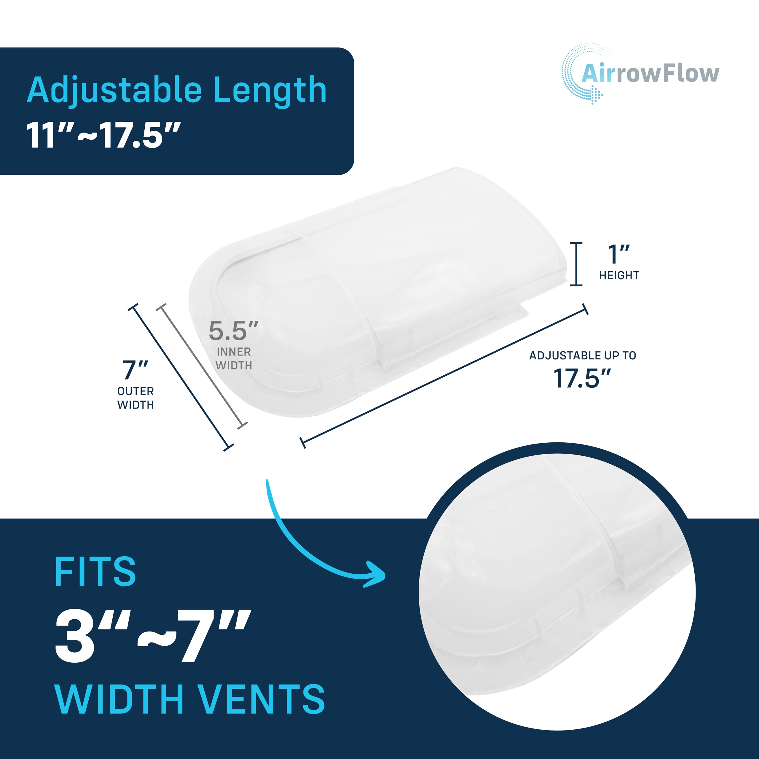 Sideways Floor Wall Ceiling Air Vent Deflector for Under Furniture Heat and Air Deflecting, Fits Vents 3" - 7" Wide, Also Extends Lengthwise up to 17.5", Foam Tape for Tight Seal