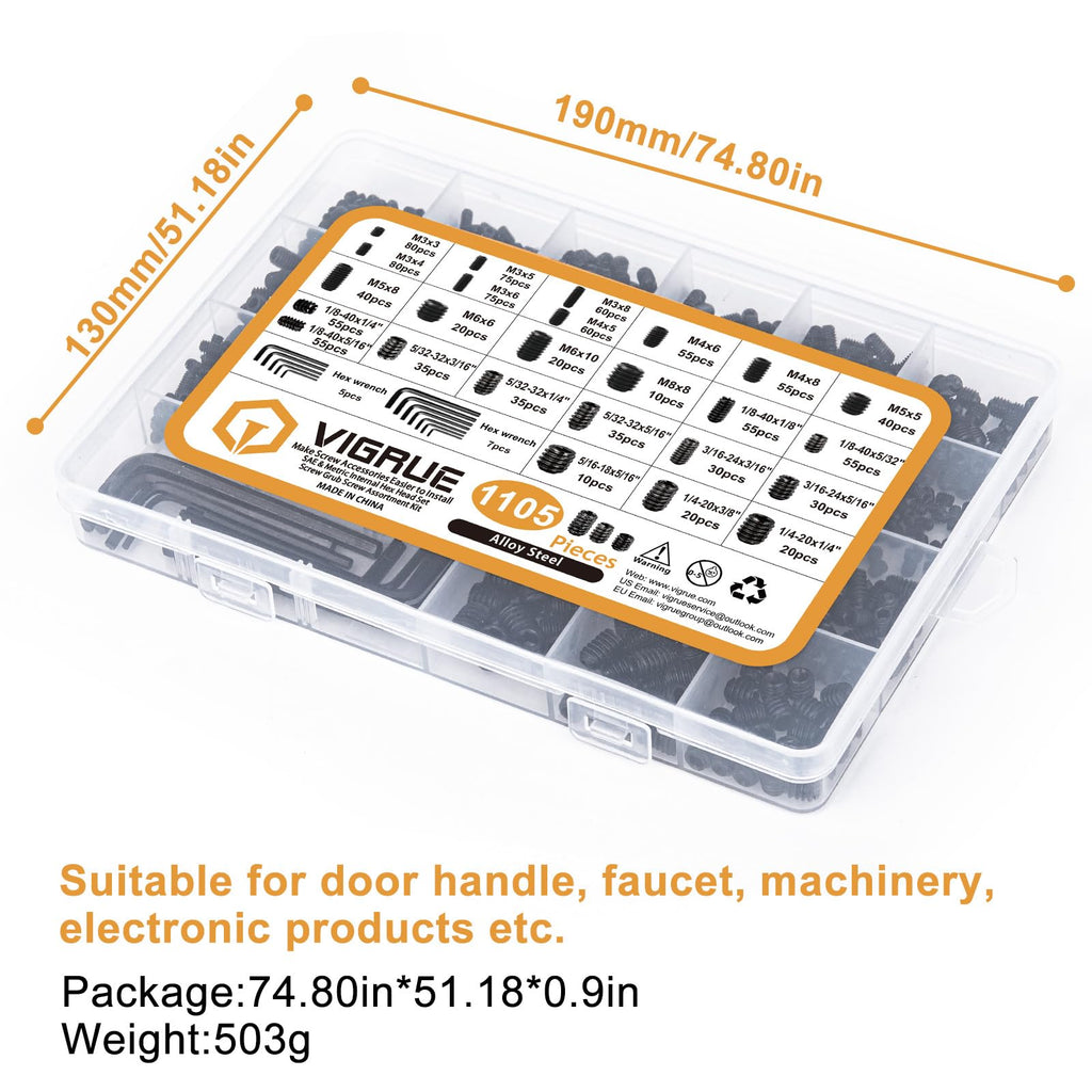 VIGRUE 1105PCS 25 Sizes Metric & SAE Set Screw Assortment Kit Internal Hex Drive Allen Grub Screws Set Cup-Point Alloy Steel, M3 to M8 and 1/8-40 to 5/16-18