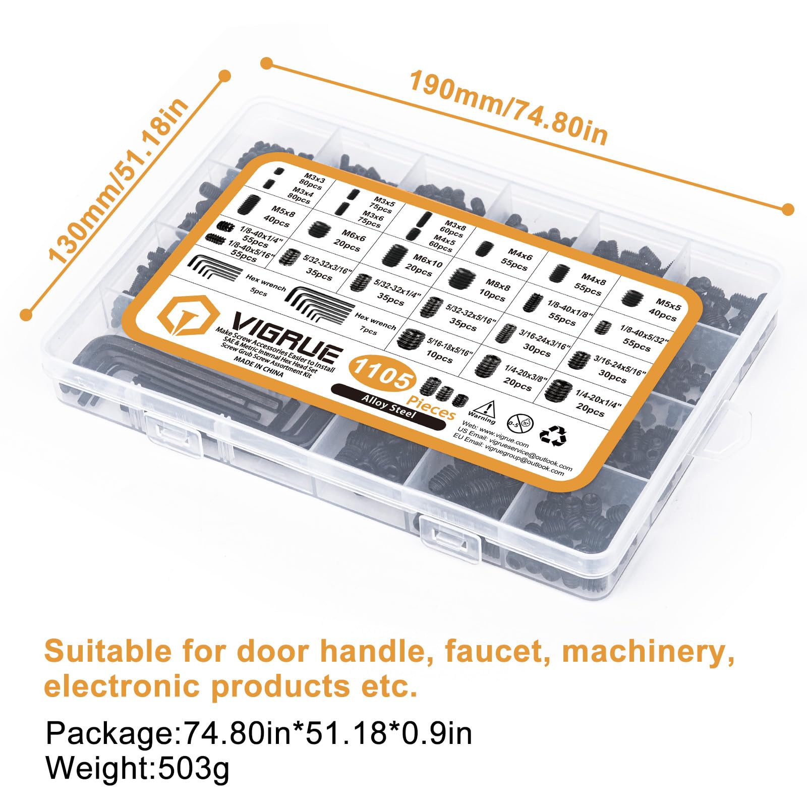 VIGRUE 1105PCS 25 Sizes Metric & SAE Set Screw Assortment Kit Internal Hex Drive Allen Grub Screws Set Cup-Point Alloy Steel, M3 to M8 and 1/8-40 to 5/16-18