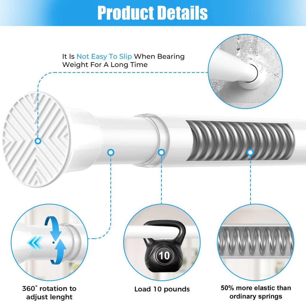 ZipGlo Tension Curtain Rod for Windows 31 to 62 inch, White Spring Curtain Rod No Drill Spring Loaded Curtain Rod Tension Rod Expandable Spring Tension rods for Windows, Door, Closet, Doorway