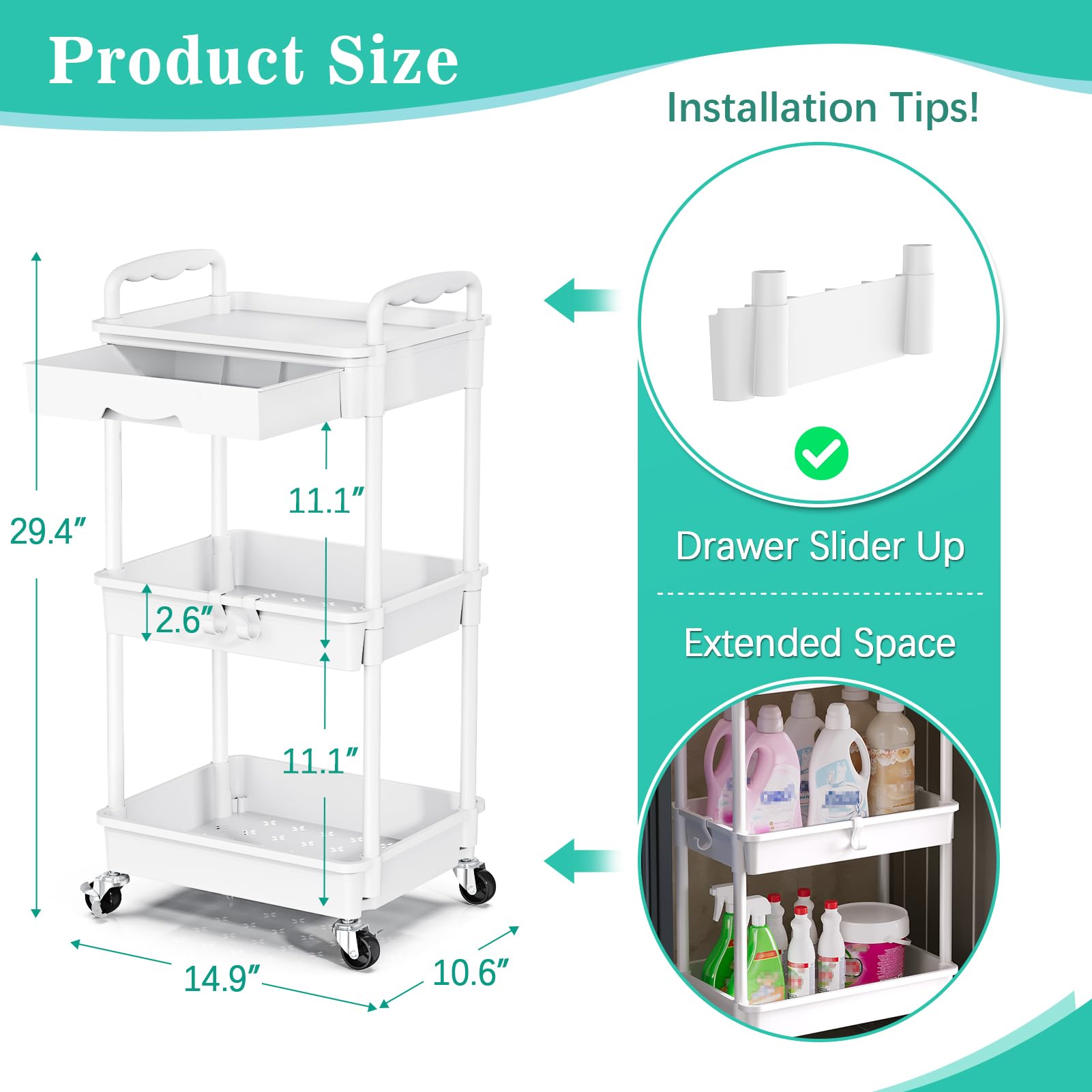 SUNALLY 3 Tier Rolling Storage Carts with Drawer, Storage Cart Organizer with Lockable Wheels Rolling Utility Organizing Cart for Bathroom Kitchen Bedside Art Craft Snake Makeup Lash Nail Baby, White