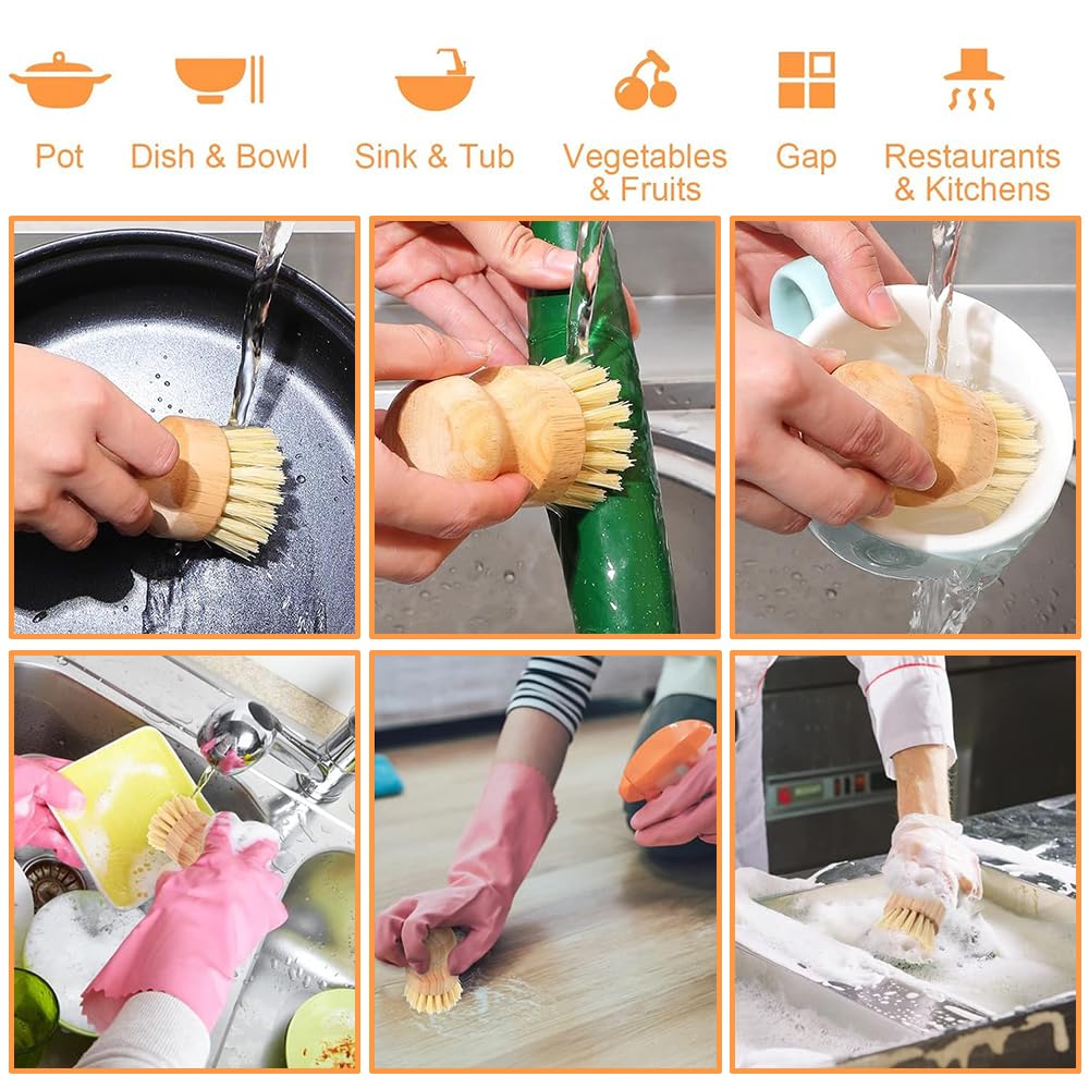 NYGHMY 12 Pack Eco-Friendly Dish Scrub Brushes - Wooden Kitchen Scrubbers with Sisal Bristles, Long Lasting