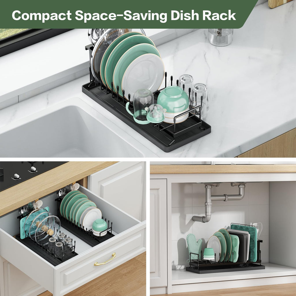 Small Dish Drying Rack, Aufworld Compact Dish Rack with Silicone Drying Mat, Stainless Steel Dish Drainer with Utensil Holder, Space Saving Drain Rack for Kitchen Counter, RVs, Apartments (Countertop)