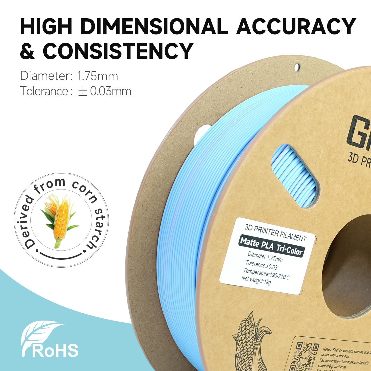 Gratkit Matte Tri-Color PLA Filament,Coextrusion PLA Filament 1.75mm, +/-0.03mm, 1KG/Roll, High Speed Matte PLA,Fluorite