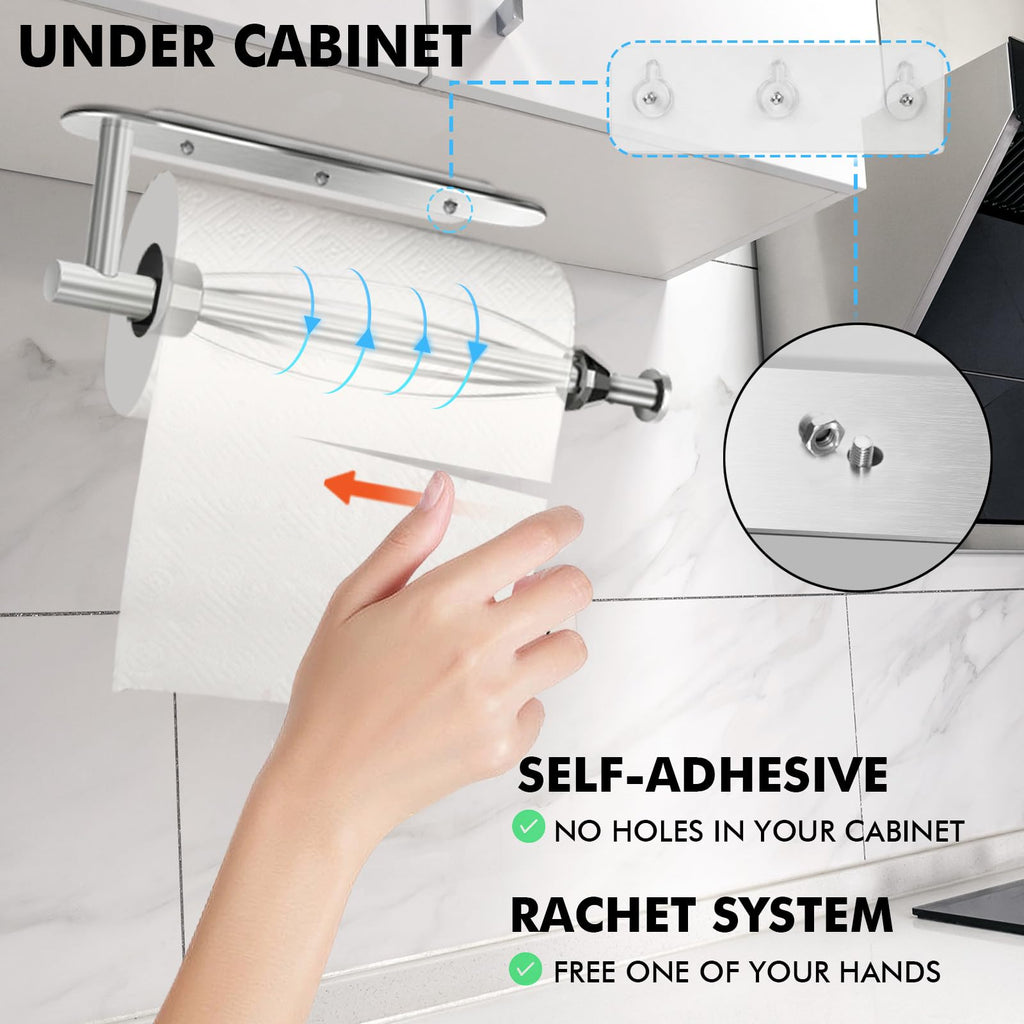 KIHOGEM Magnetic Paper Towel Holder, One Hand Operable Paper Towel Holder Wall Mount with Strong Magnetic Backing and Self-Adhesive for Kitchen Refrigerator RVs Grill Garage（Silver）