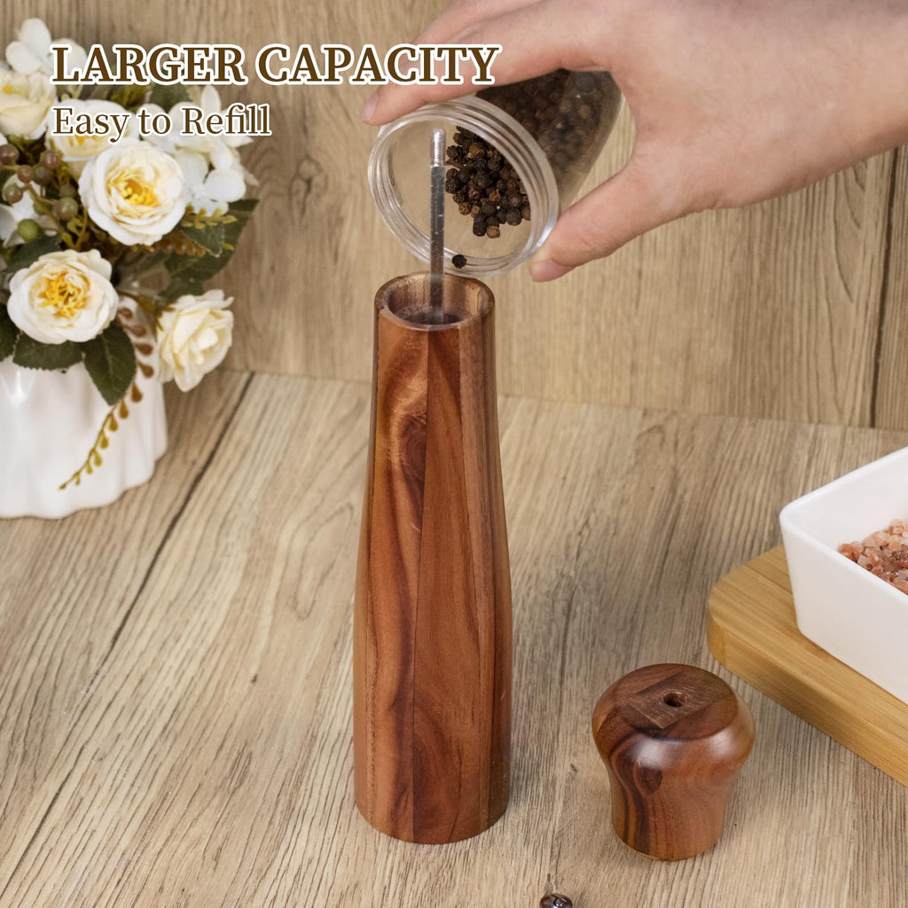Acacia Wood Pepper Grinder Pepper Mill, 10 Inches Wooden Peppermill with Adjustable Coarseness, Ceramic Grinding Motor Salt Shaker Refillable for Home Kitchen
