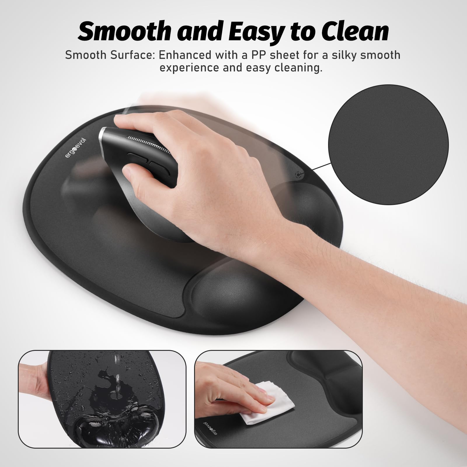 ErgoEvol Ergonomic Mouse Pad with Skin-Friendly Lycra Memory Foam Wrist Rest, Easy-to-Clean Smooth PP Surface, and Non-Slip PU Base – Ideal for Vertical, Ergonomic, and Office Mice(Jet Black)