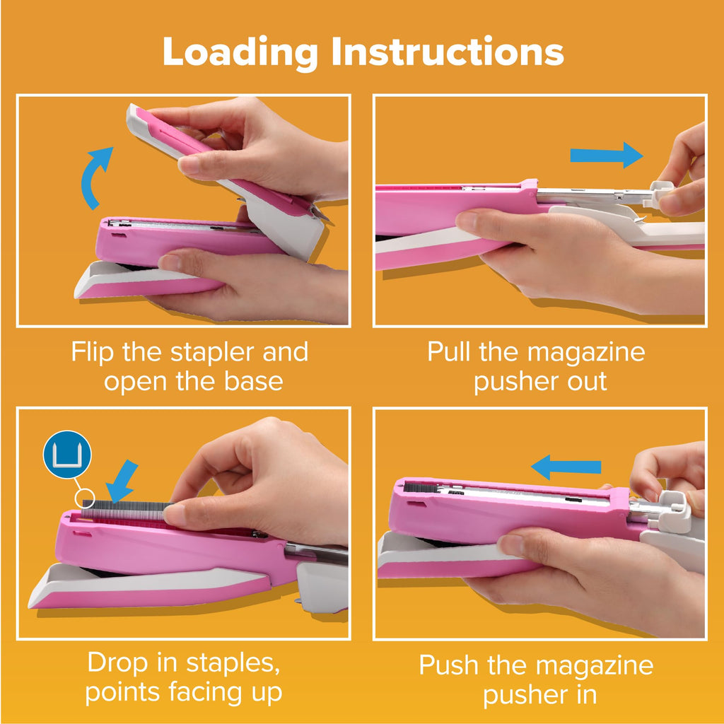 PaperPro inPOWER20 - 3 in 1 Stapler - One Finger, No Effort, Spring Powered Stapler, Breast Cancer Awareness Pink (1188)