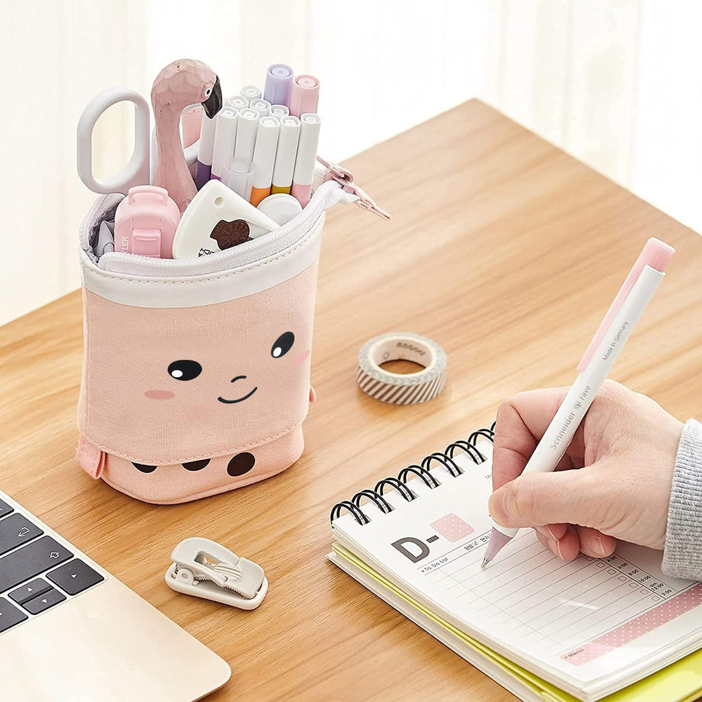 2 Pack Cute Pencil Case Standing Pen Holder Standing Pencil Case Cute Telescopic Kawaii Stationery Pouch Makeup Cosmetics Bag for School Students Office Women Teens Girls Boys,Pink&Brown