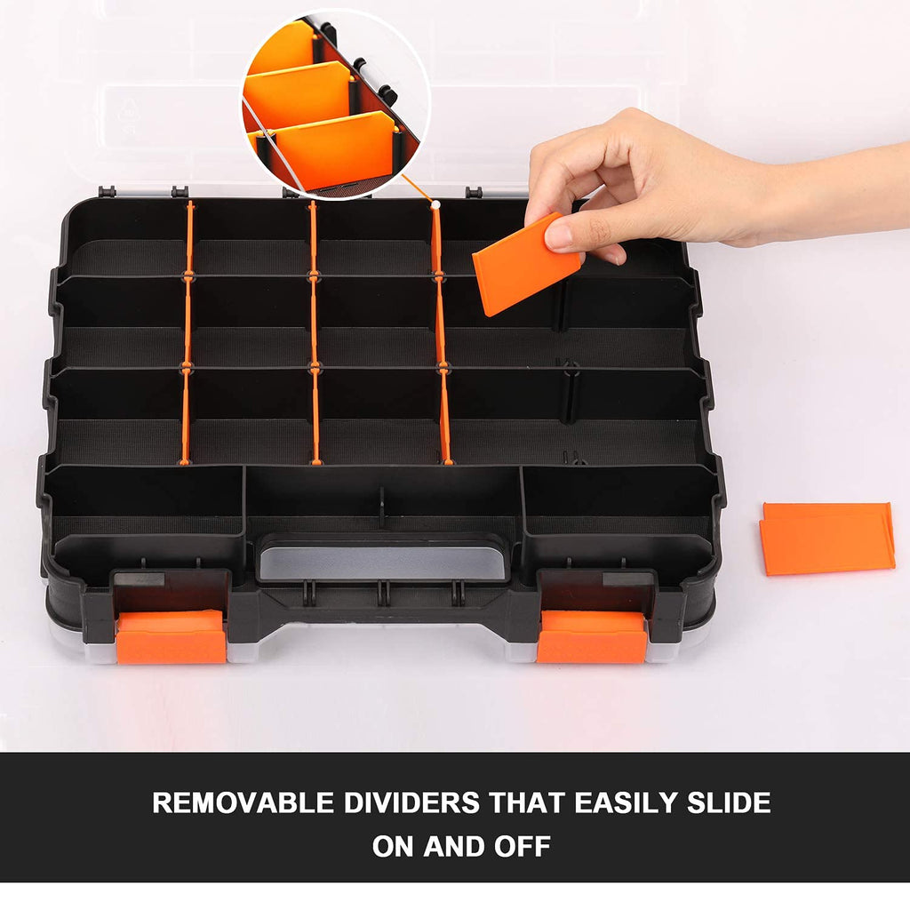 Makitoyo Double Side Tools Organizer, Customizable Removable Plastic Dividers, Hardware Box Storage, Excellent for Screws,Nuts,Small Parts, 34-Compartment, Black/Orange