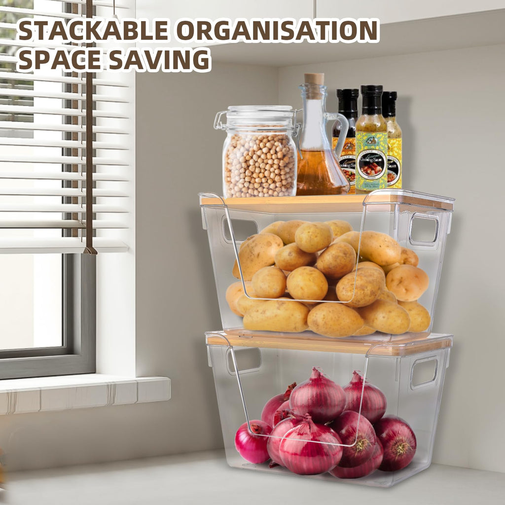 2 Set Pantry Organizers and Storage - Stackable Pantry Storage Bin Containers for Potato, Onion, Garlic, Fruit, Vegetable, Produce - Clear Front Open Kitchen Under Sink Organizer with Lid
