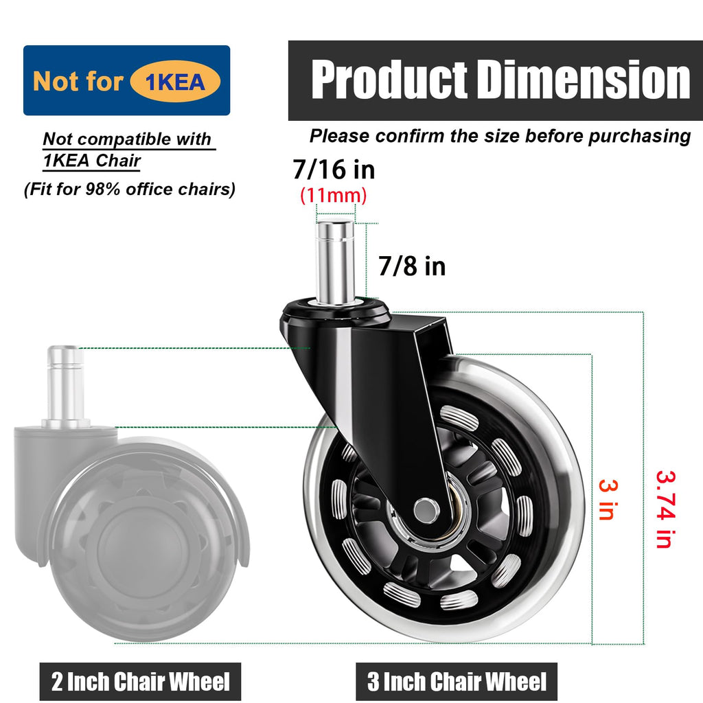 TESUMI Office Chair Wheels 3" Roller Blade Rubber Chair Casters Replacement, Heavy Duty Quiet No Scratch Gaming Chair Wheel for Hardwood Floor Carpet, Set of 5, 11mm Universal Fit/Not for 1KEA
