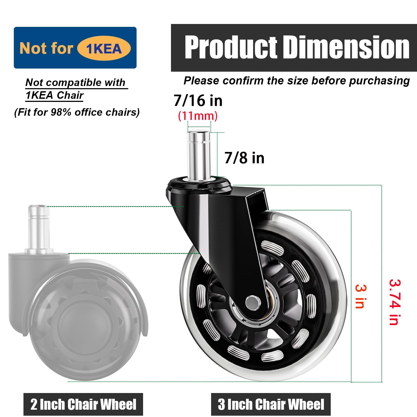TESUMI Office Chair Wheels 3" Roller Blade Rubber Chair Casters Replacement, Heavy Duty Quiet No Scratch Gaming Chair Wheel for Hardwood Floor Carpet, Set of 5, 11mm Universal Fit/Not for 1KEA