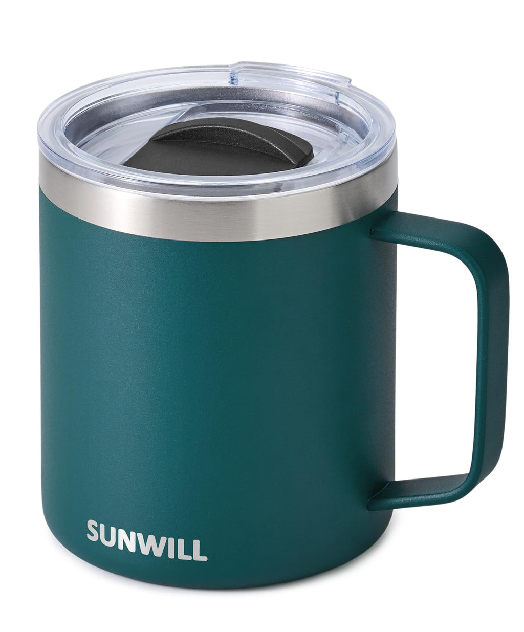 SUNWILL Insulated Coffee Mug with Lid, Travel Tumbler with Handle, 14 oz Stainless Steel Cup for Camping, Office, Home, Powder Coated Deep Green