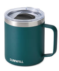 SUNWILL Insulated Coffee Mug with Lid, Travel Tumbler with Handle, 14 oz Stainless Steel Cup for Camping, Office, Home, Powder Coated Deep Green