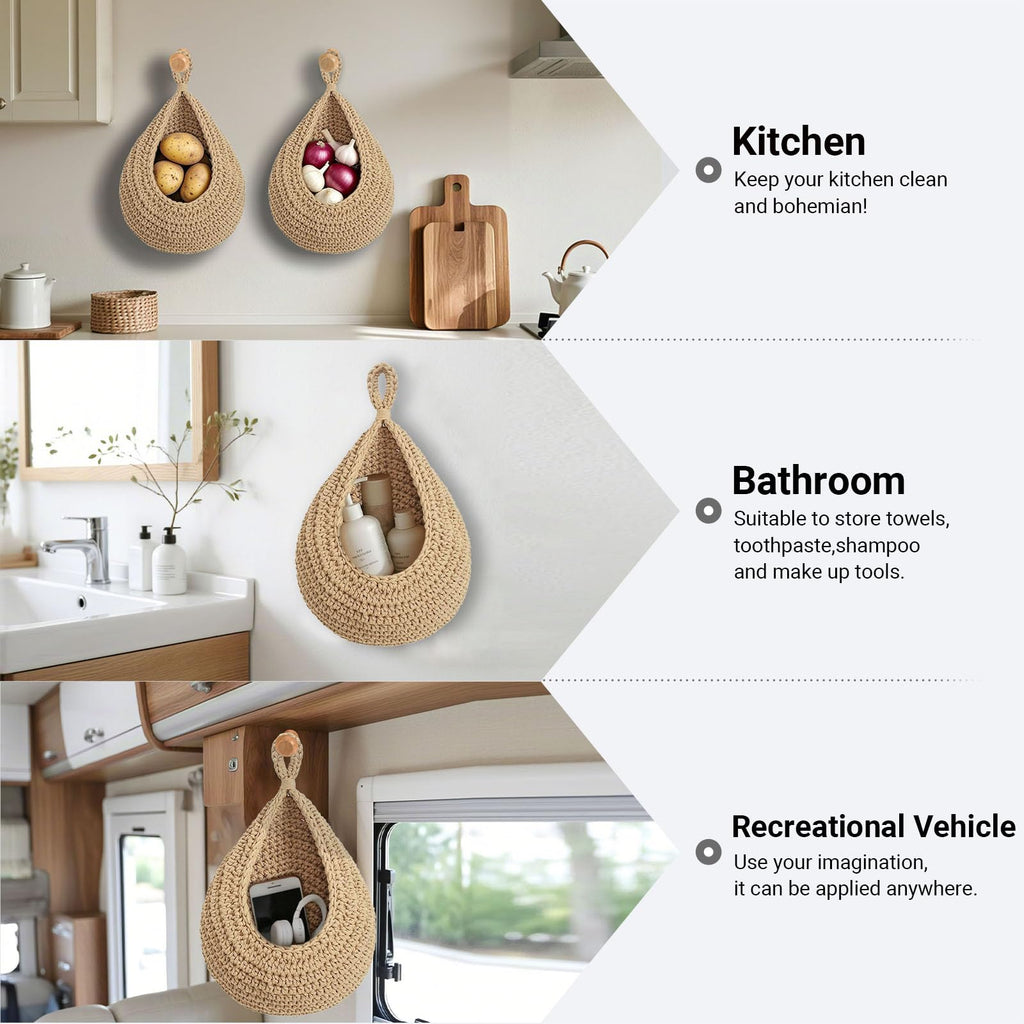 Hanging Fruit Baskets for Kitchen, 3 Pack Boho Cotton Rope Handwoven Vegetable Storage Wall Mounted Large Organizing Basket for Farmhouse Decor, Onion, Potato, Garlic and Plants