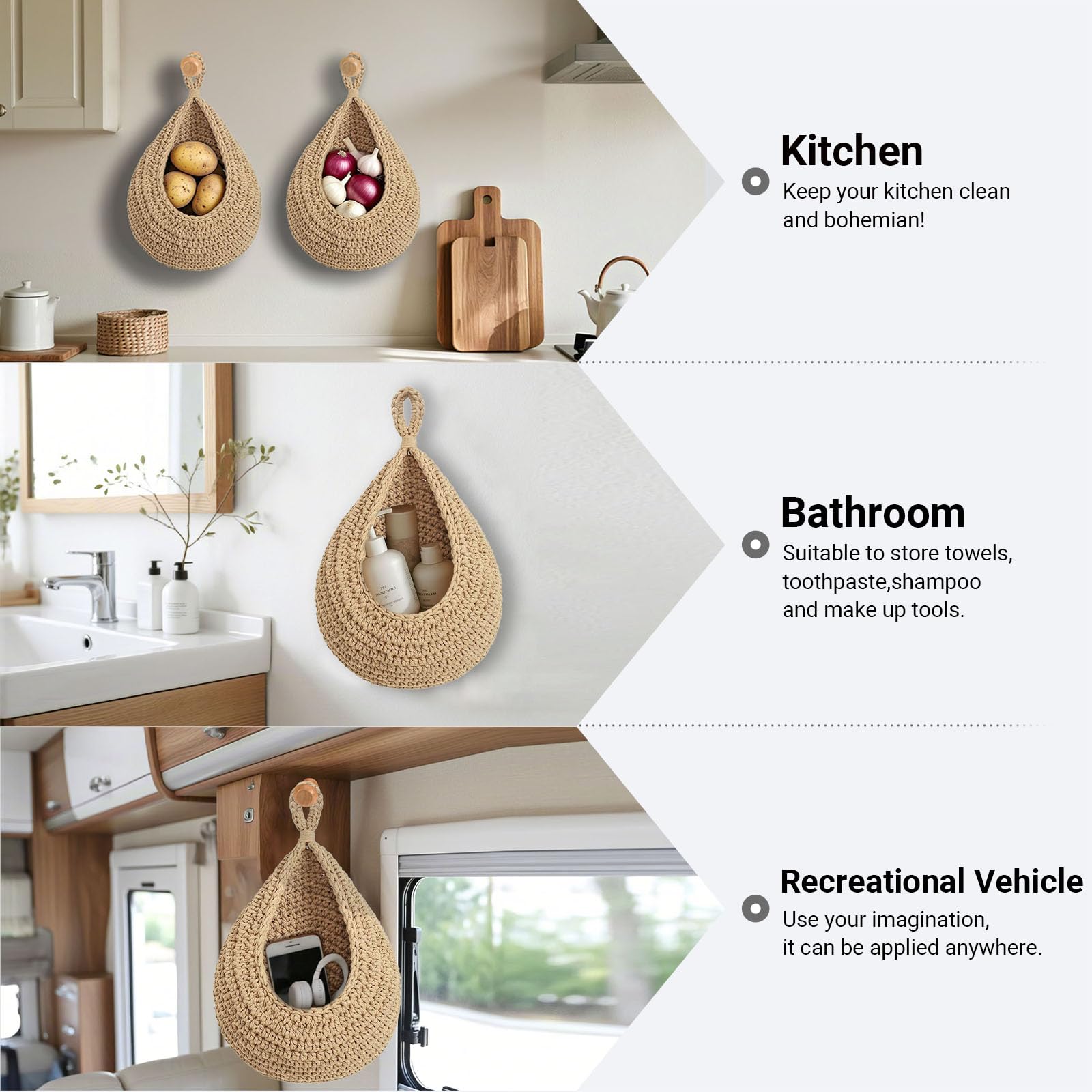 Hanging Fruit Baskets for Kitchen, 3 Pack Boho Cotton Rope Handwoven Vegetable Storage Wall Mounted Large Organizing Basket for Farmhouse Decor, Onion, Potato, Garlic and Plants