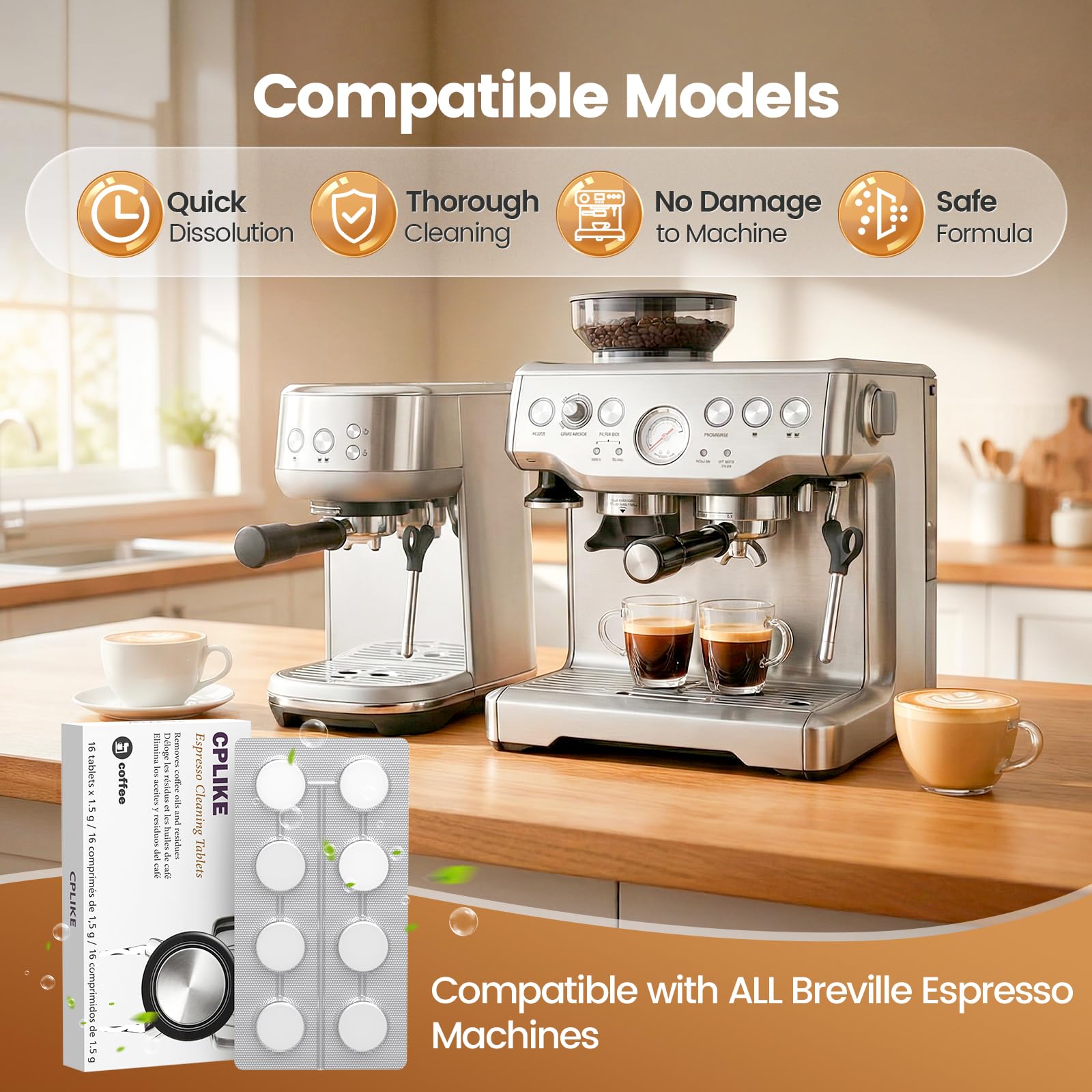 Espresso Cleaning Tablets Compatible with Breville Espresso Coffee Machine, 16 Count BREBEC250 Descaling Tablets