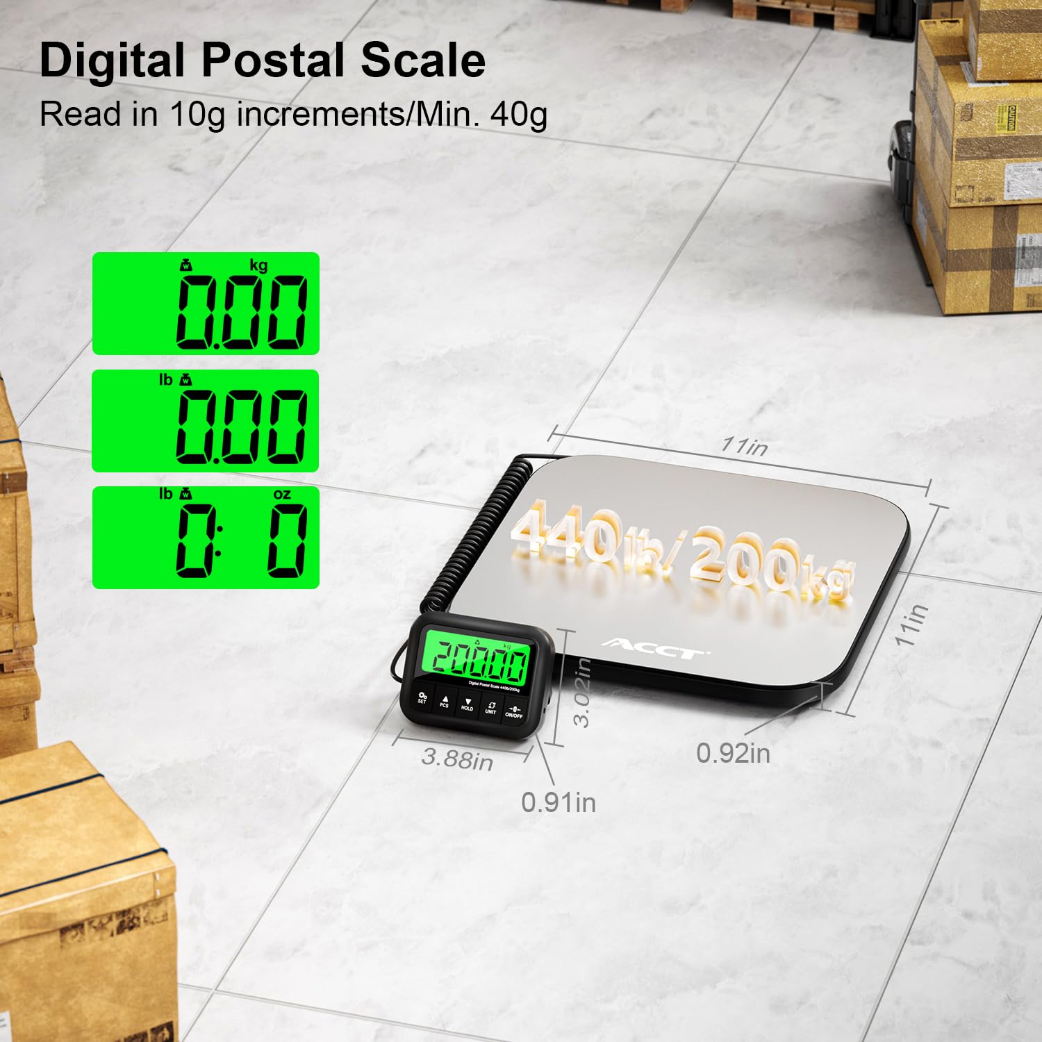 ACCT 440lb Postal Scale - Industrial Shipping Scale with Stainless Steel Platform, Tare/Hold/Counting Function for Luggage, Package, Mail | lb/kg/lb:oz | Heavy Duty Scale with Battery & Charging Cable