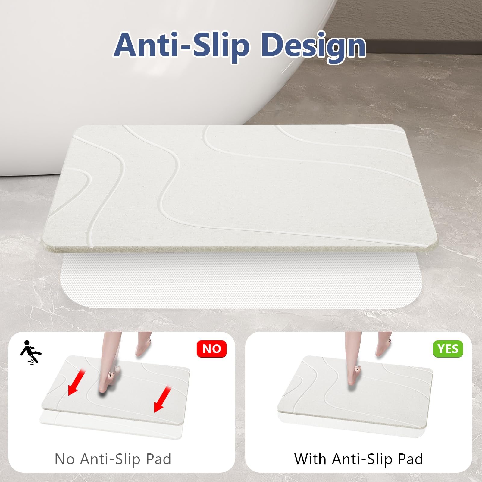 Ceecysaa Stone Bath Mat, Non-Slip Diatomaceous Earth Shower Mat, Quick Drying Bath Mat Stone, Super Absorbent Diatomite Bath Mats for Bathroom Kitchen, Easy to Clean, 60 x 39cm, White