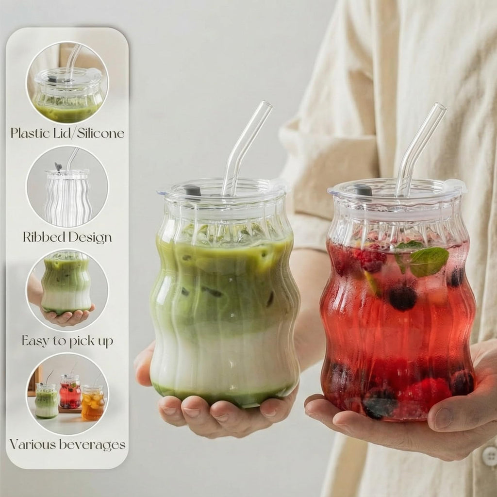 2 Pack Cloud Glass Cups with Lids and Straws - 18oz Ripple Glass Tumbler for Iced Coffee, Matcha, Smoothies - Aesthetic Ribbed Drinking Glasses, Also for Overnight Oats Containers with Lids