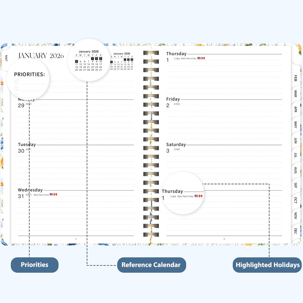 2026 Planner, Daily Agenda 2026 Appointment Book, Weekly and Monthly Calendar Planner Jan 2026 - Dec 2026, School Essentials & Office Supplies, Scattered Flowers