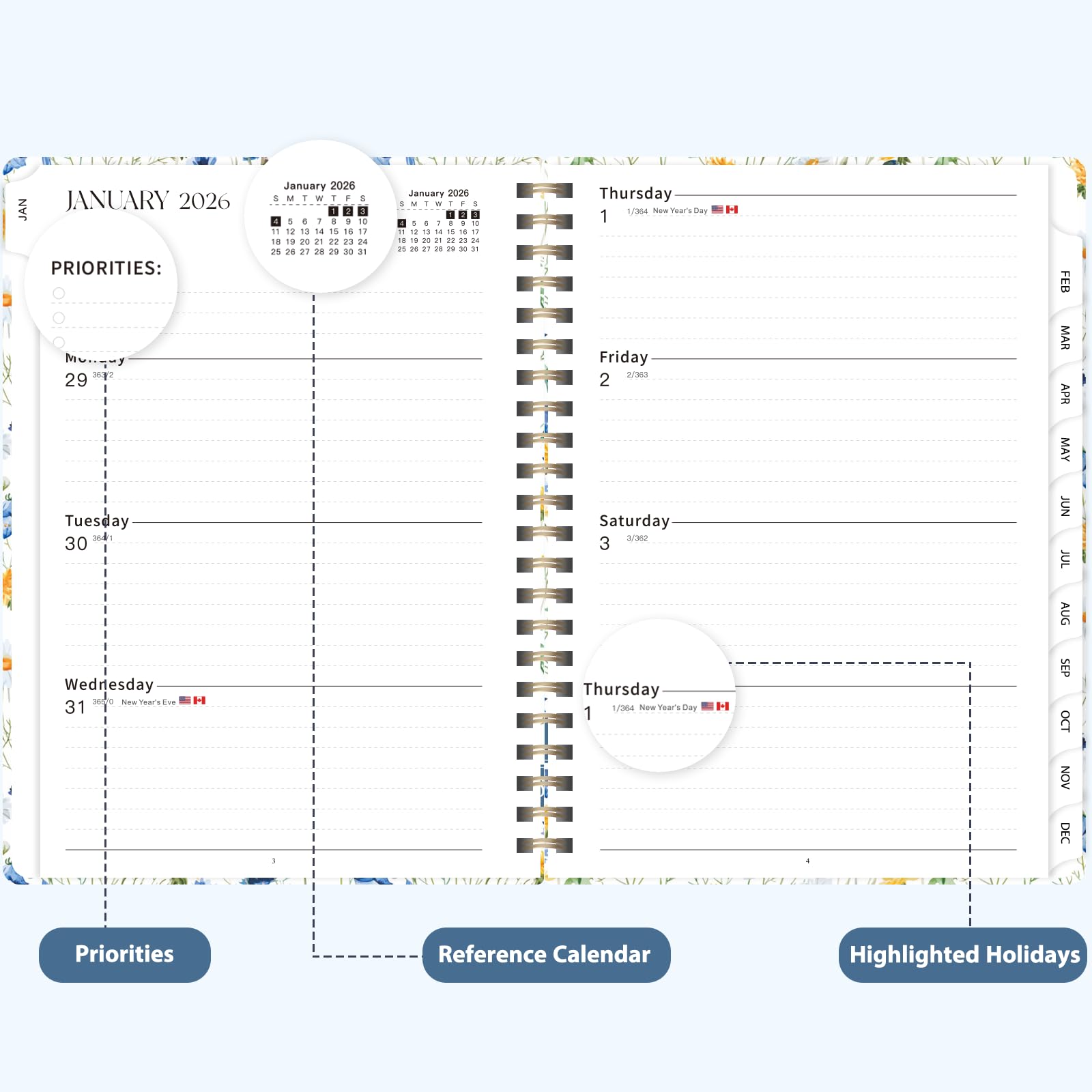 2026 Planner, Daily Agenda 2026 Appointment Book, Weekly and Monthly Calendar Planner Jan 2026 - Dec 2026, School Essentials & Office Supplies, Scattered Flowers