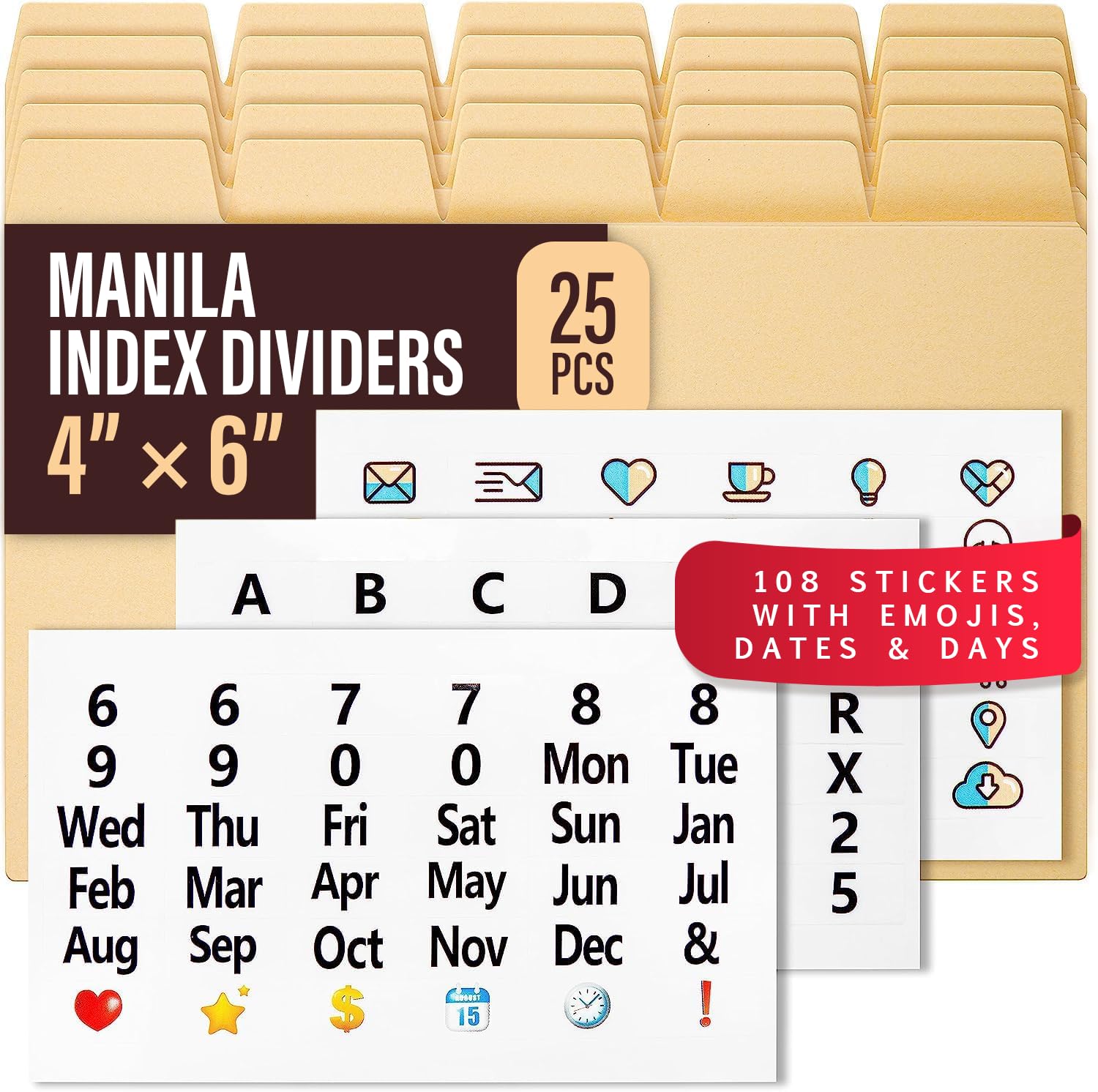 25 Manila Index Card Dividers 4x6 - Organizer With Tabs & 108 Stickers - Recipe, Note, Monthly Dividers for 4x6 Cards - Card Stock
