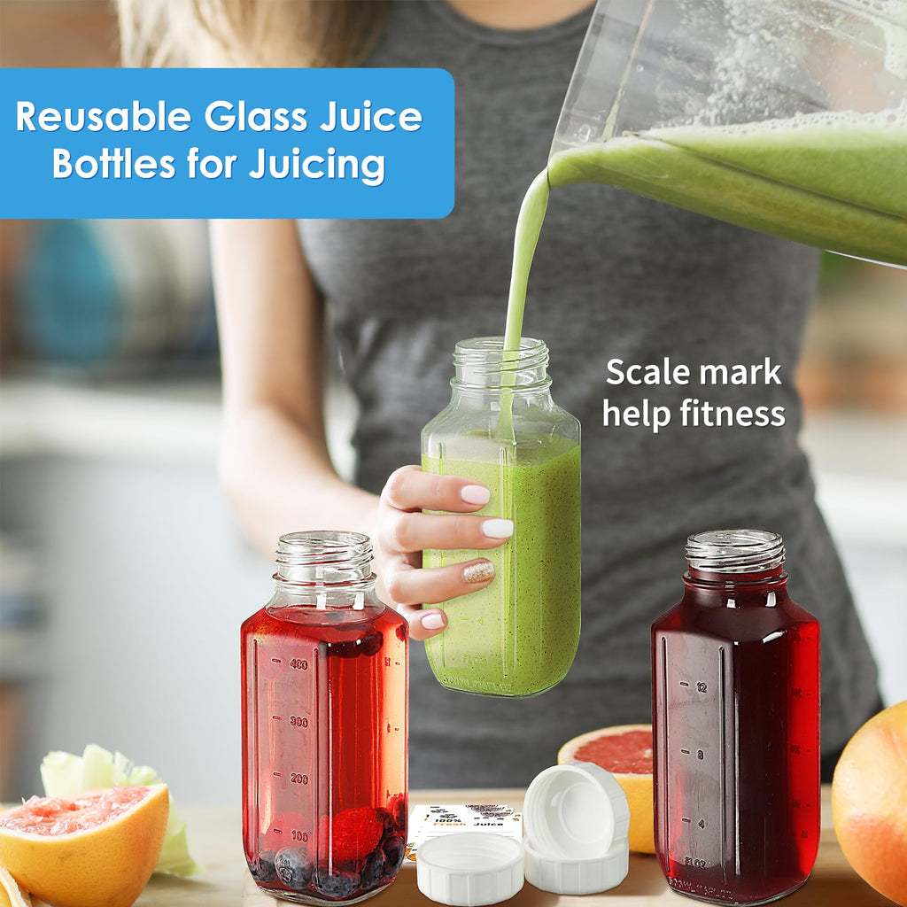 Syntic Glass Juice Bottles with Airtight Lids, 3 Pack Clear Glass Water Bottles with 2 Pour Spouts - 16 Oz Reusable Milk Jug w Scale Mark for Juicing Containers, Breast Milk Storage, Drinking Jar