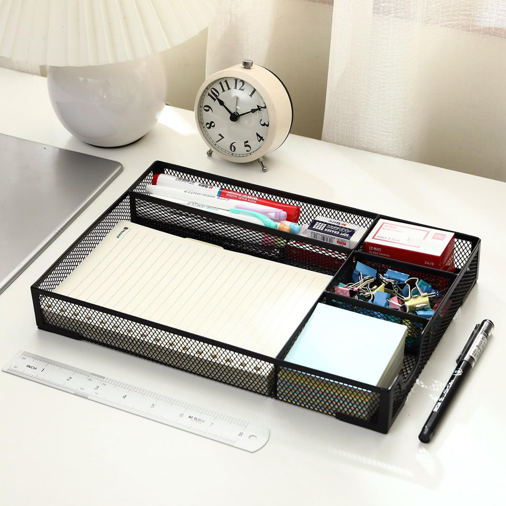 Gonice Black Metal Mesh Desk Drawer Organizer Tray with 5 Dividers for Office Supplies, Desk Cabinet with Drawers